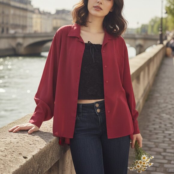 Vintage 90s Liz Moody classic french red puffy long sleeved button-up shirt - Picture 1 of 16